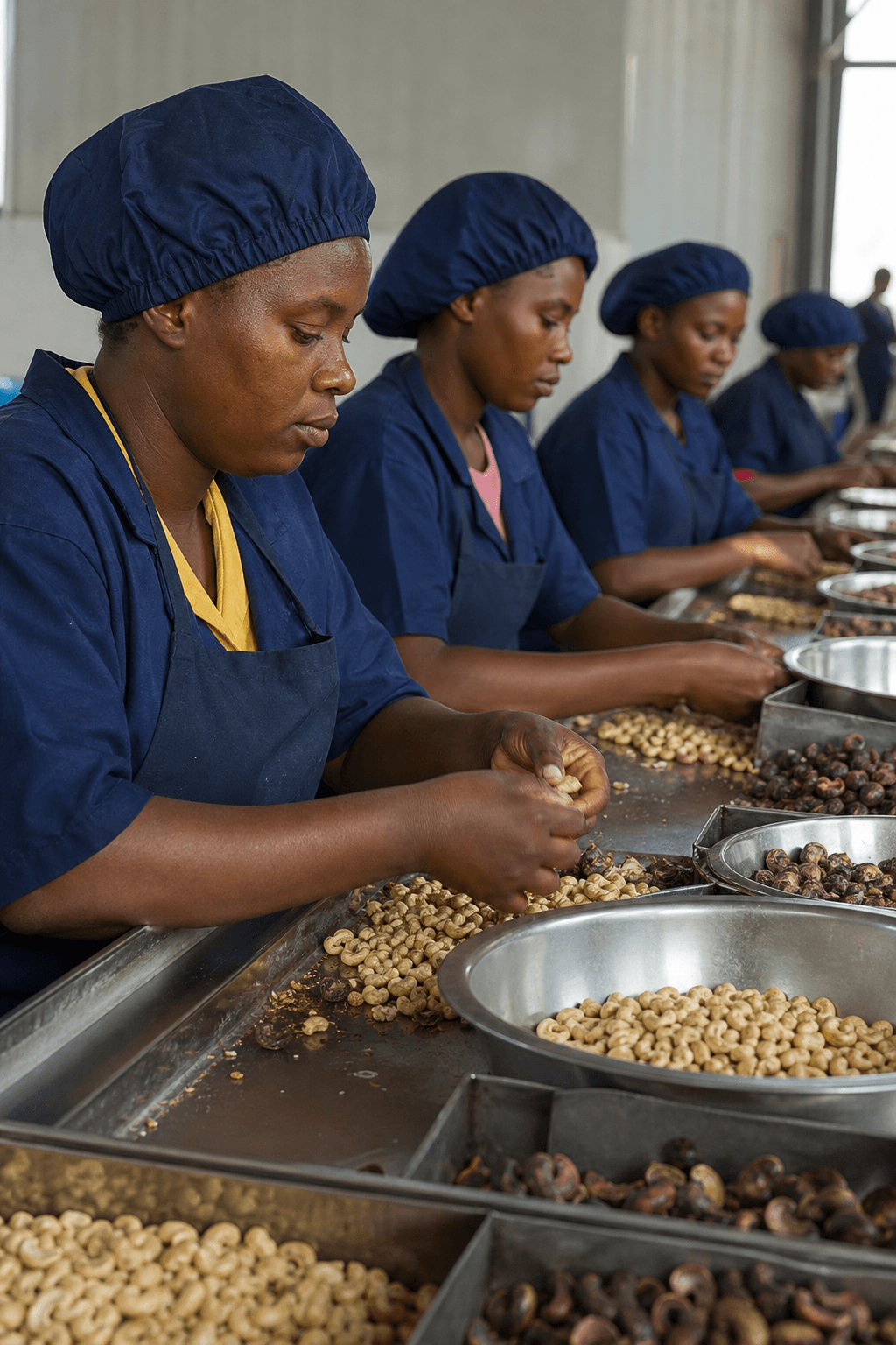 Workers at the cashew shelling and peeling line